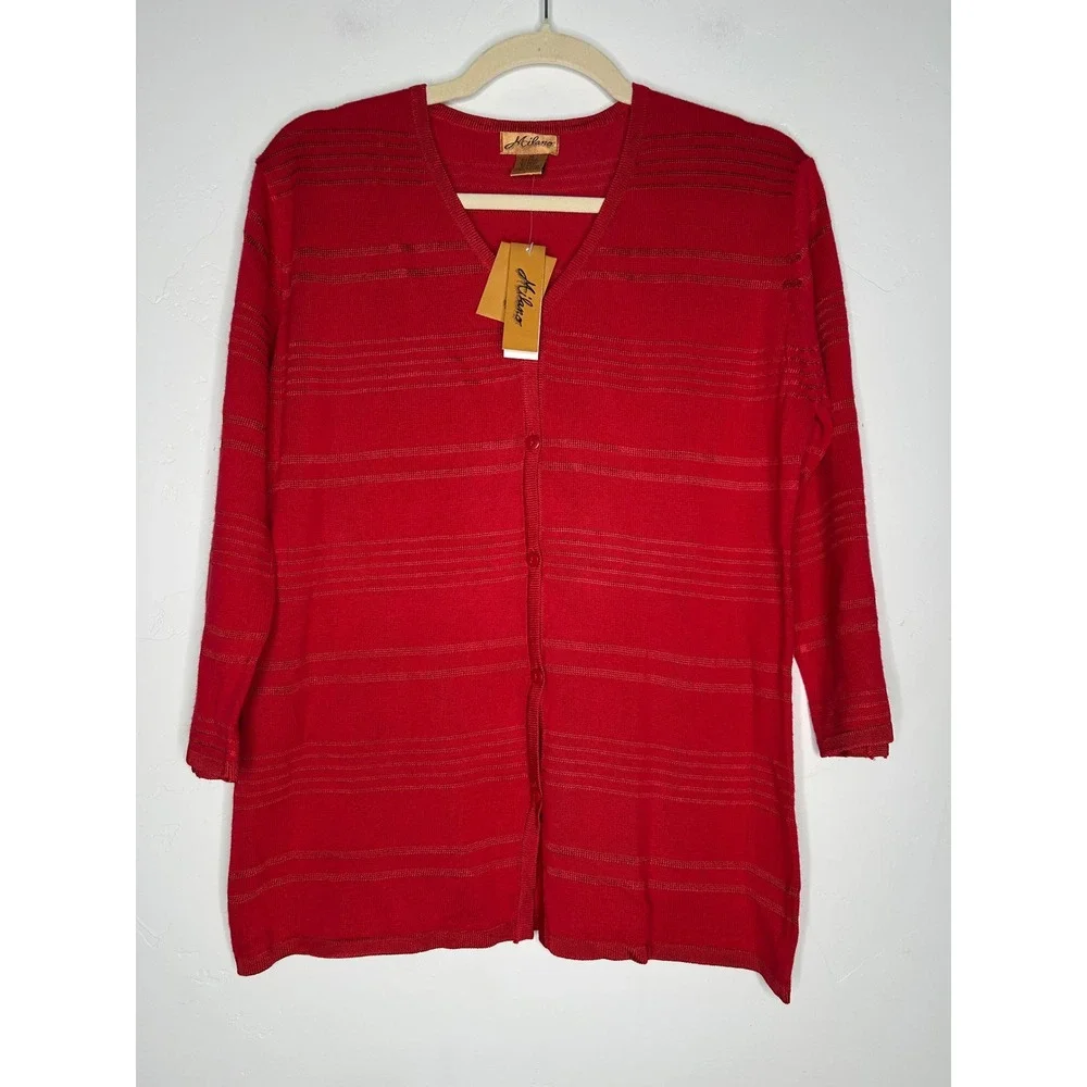 NWT Milano Red Stripe Button Front Cardigan 3/4 Sleeves Size Medium Holiday Fall